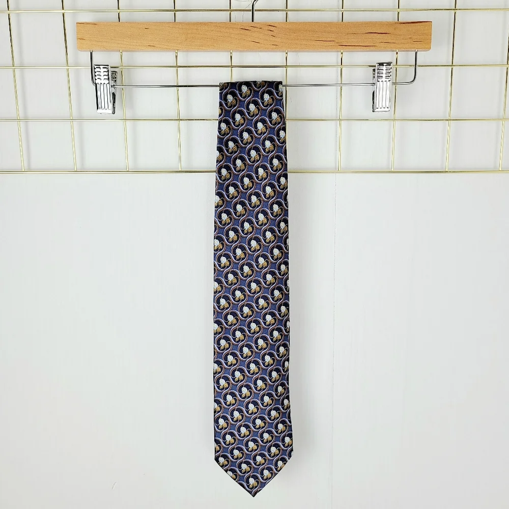 Ermenegildo Zegna Blue Gold Rose Floral Print Silk Tie